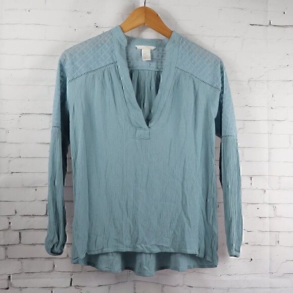 H&M BLUE LONG SLEEVE V NECK SHEER DETAIL TOP SIZE 2 - Picture 1 of 10